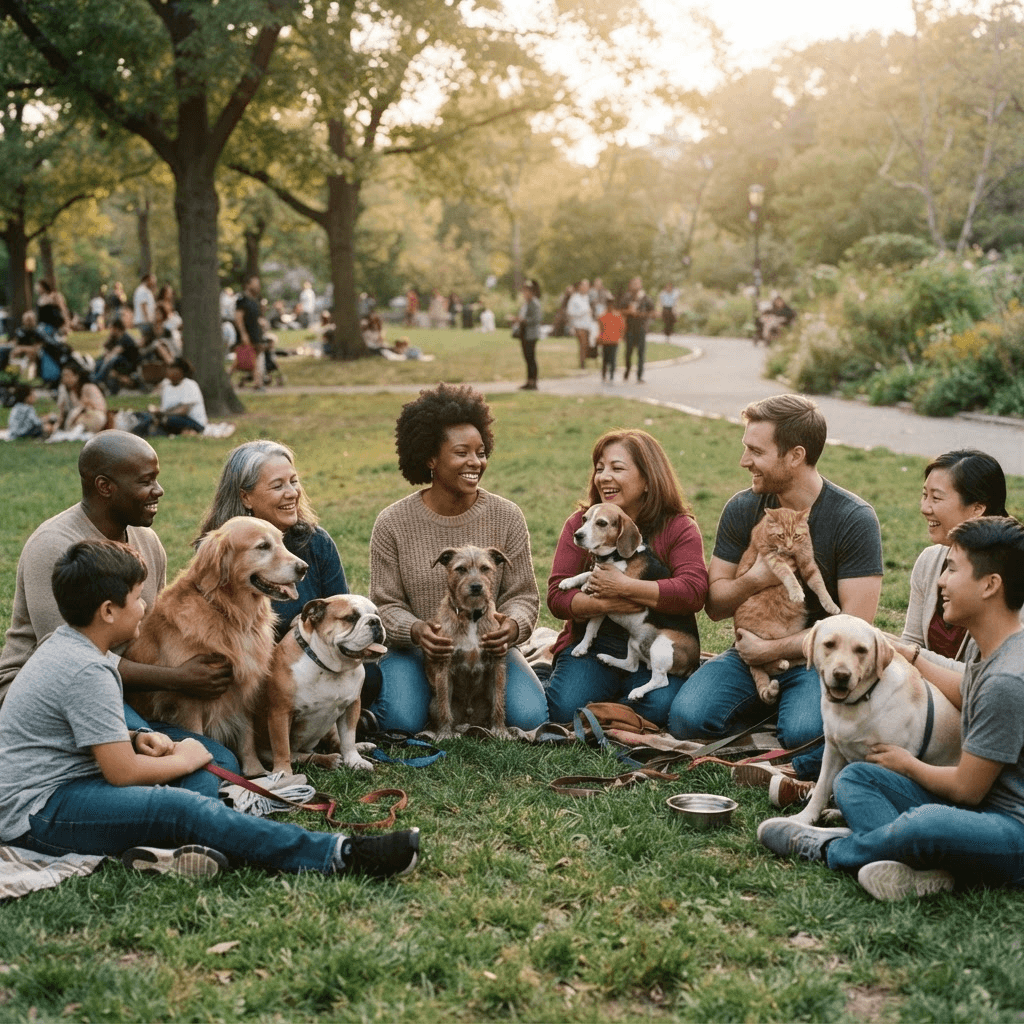 A community of pet owners and their pets gathered together outdoors