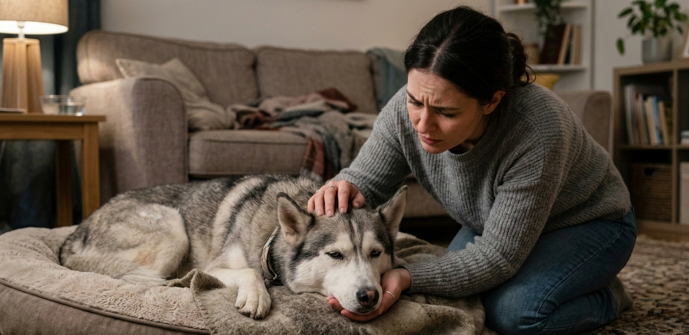 Pet owner comforting their sick dog